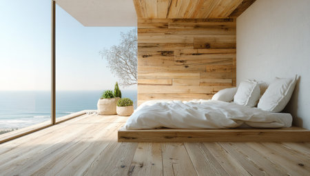 Modern bedroom w/ wooden accents, floor-to-ceiling window overlooking the oceanの素材