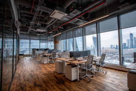Modern open-plan office with large windows, desks, and city views. Wooden floor, exposed ceilingの素材