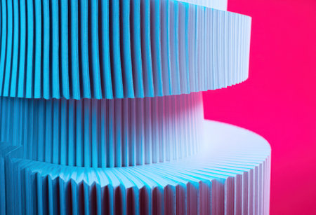 Abstract close-up shows layered white architectural form against a vibrant red backgroundの素材