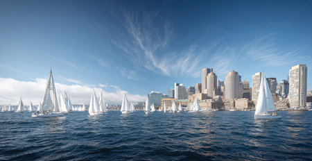 A fleet of sailboats on a blue sea, with a city skyline under a bright, clear skyの素材