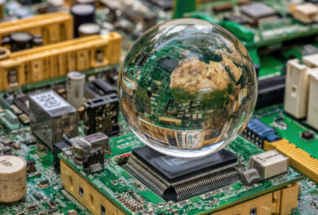 Crystal globe reflecting Earth atop a computer motherboard, symbolic of technology's global reachの素材