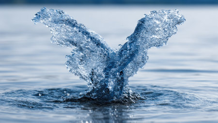 A dynamic splash of water rising and spreading in a symmetrical avian shape, with dropletsの素材