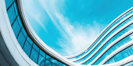 Architectural view of a modern building with curved lines against a bright blue skyの素材