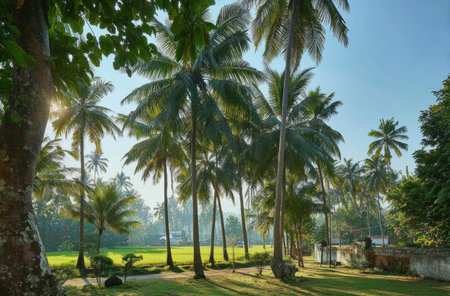 Lush palm trees line a sunny path, creating a tropical landscape with bright sunlightの素材