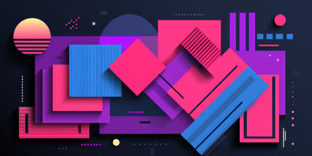 Abstract geometric composition with layered squares, circles, lines, and gradients in vibrant huesの素材