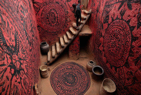 Interior view of a vibrantly painted, sunken structure with stairs and a person ascendingの素材