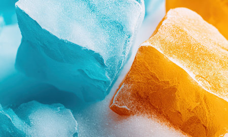 Close-up of textured, translucent, vibrant blue and orange ice chunks with snowの素材