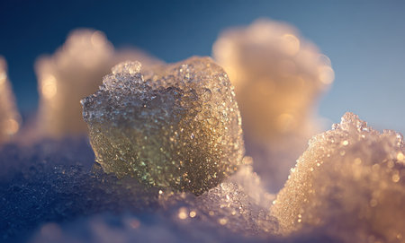 Close-up of glistening ice crystals atop snow, bathed in soft sunlight against a blue backdropの素材