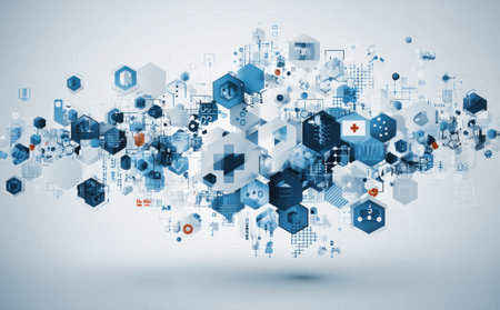 A stylized, abstract composition featuring interconnected hexagonal shapes and medical iconsの素材