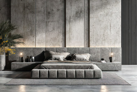 Modern bedroom with a concrete wall, low bed, and minimalist decorの素材