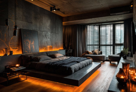 A luxury, dark bedroom with modern architecture, glowing accents, &amp; city viewsの素材