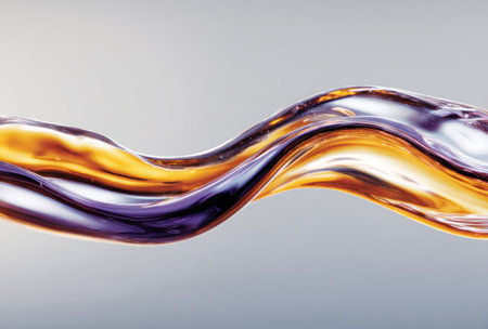 Close-up of a fluid wave, with colors ranging from gold to violet, against a gray backdropの素材