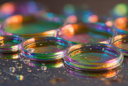 Macro shot of soap bubbles, reflecting light with vibrant, iridescent colors, close-upの素材