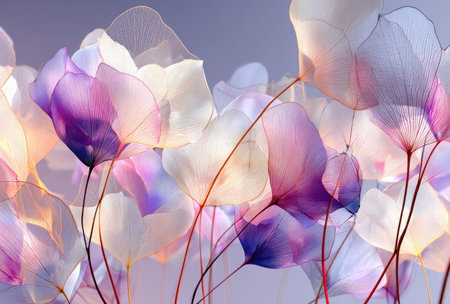 Semi-transparent floral artwork with delicate, flowing petals in shades of purple, pink, and whiteの素材