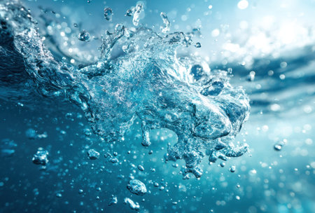 Close-up of water splashing, bubbles, and droplets, creating a dynamic, fluid, and textured sceneの素材