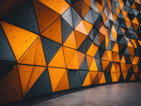 Geometric wall of orange and gray triangles in a curved space, lit for depth and dimensionの素材