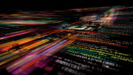 Abstract data flow visualization with colorful light trails over a digital code backgroundの素材