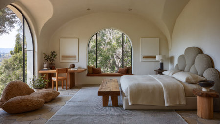 Airy bedroom with arched windows, natural light, and rustic furnishings; minimalist aestheticの素材