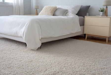 Cozy bedroom with a bed, soft carpet, bedside table, pillows, and a windowの素材