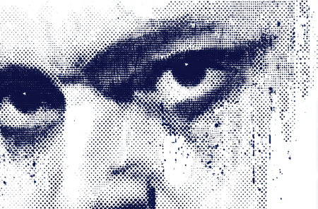 Close-up, pixelated portrait of eyes and brow, deep blue on white. Expressive gazeの素材