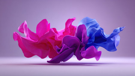 Floating fabric in pink, purple, and blue hues against a lavender backdropの素材