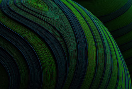 Swirling, curved abstract spheres in shades of green and teal, with intricate textural detailの素材