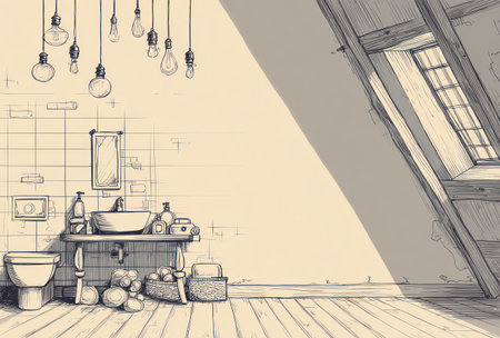 Sketchy bathroom interior in an attic space with warm lightingの素材