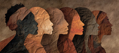 A layered artwork of diverse female profiles, side-view, arranged in a row, with textured paper effectsの素材
