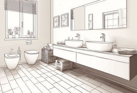 Detailed sketch of a modern bathroom, showing a double vanity, toilet, and windowの素材