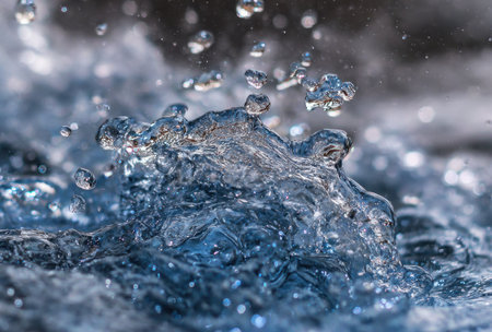 Close-up of water splash showing droplets and a central, erupting form. Bokeh backgroundの素材