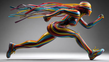 A vibrant, stylized runner, formed by flowing, multicolored lines, against a gray backdropの素材