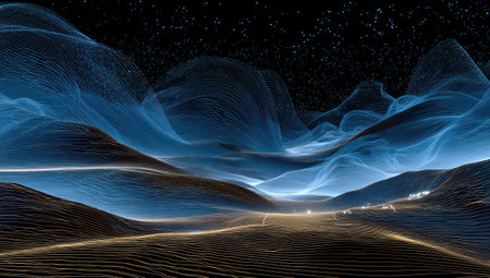 Abstract digital landscape with glowing blue peaks, valleys, and starlit backgroundの素材