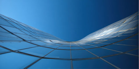 Curved modern building facade with reflective glass under a bright blue skyの素材