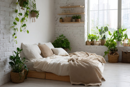 Cozy bedroom with a bed, plants, brick wall, and a large windowの素材