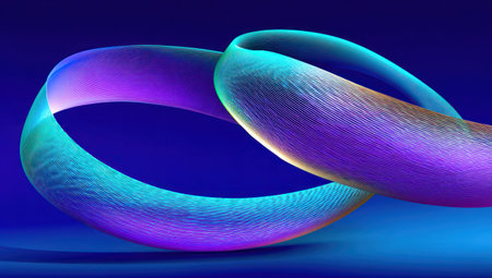 A looping, iridescent, translucent ribbon floats against a deep blue gradient backdropの素材