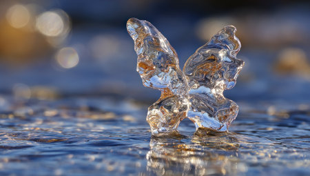 Delicate ice sculpture of a butterfly on a frozen surface with a soft, blurry backgroundの素材
