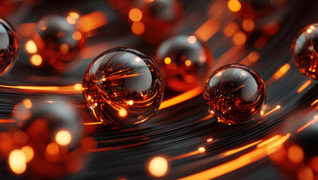 Metallic orbs with fiery internal light, swirling orange streaks, and dark, textured backgroundの素材