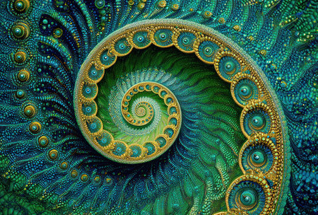Intricate spiral of emerald and turquoise tones, with golden rim and circular detailsの素材