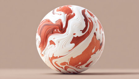 3D rendered sphere, marbled with swirling white, rust, and brown tones, set against a neutral backdropの素材
