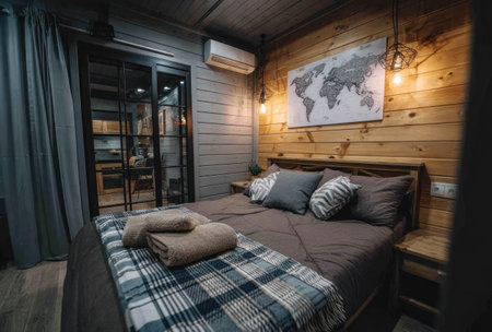 Cozy bedroom with wooden paneling, map art, and sliding door to a small kitchenの素材