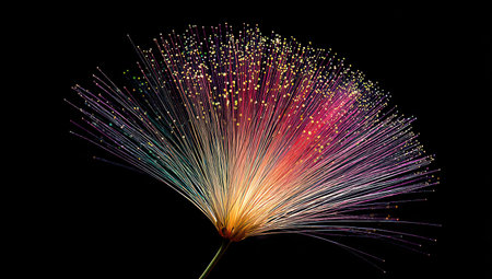 A colorful, radiant burst of light fiber optics against a black backdropの素材