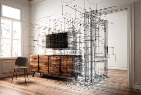 Modern living room design showing realistic interior juxtaposed with architectural wireframe overlayの素材