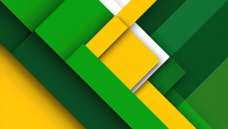 Geometric composition of overlapping squares and rectangles in shades of green and yellowの素材