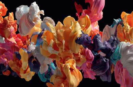 Vibrant, flowing, colorful fabric forms explode against a black background, creating a dynamic compositionの素材