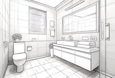 Interior sketch of a modern bathroom featuring a toilet, sink, and a large mirrorの素材