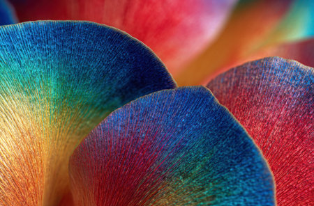 Close-up of vibrant, layered petals in a spectrum of colors, revealing textured detailsの素材
