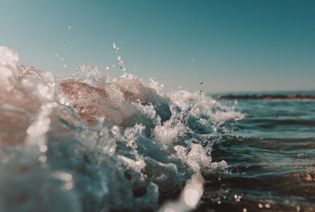 Close-up of a wave crashing, with splashing water against a clear, bright blue skyの素材