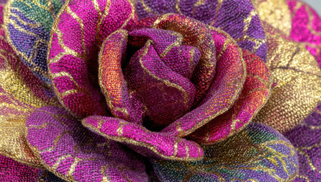 Close-up of a vibrant, textured, ornamental flower with intricate patterns and gold trimの素材