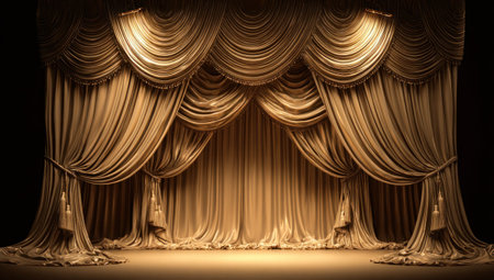 Regal stage with golden, draped curtains under spotlights, creating a theatrical backdropの素材