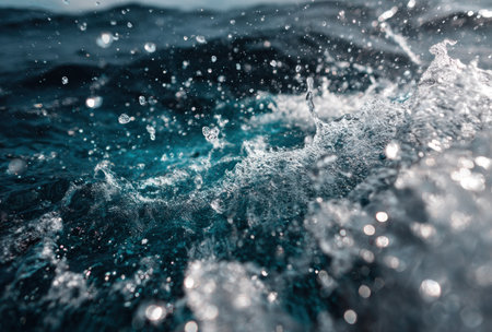 Close-up of water spray in turquoise hues, capturing motion &amp; dynamic waterの素材